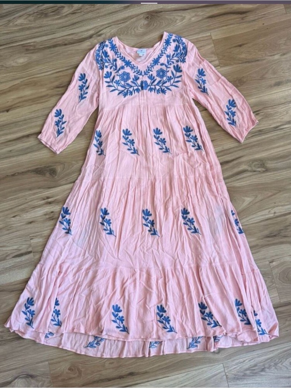J.Marie Pink Embroidered V-Neck Dress with Blue Floral Detail